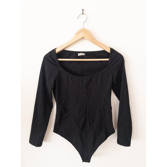 Free People Intimately Corset Style Thong Long Sleeve Black Bodysuit Small - Picture 1 of 5